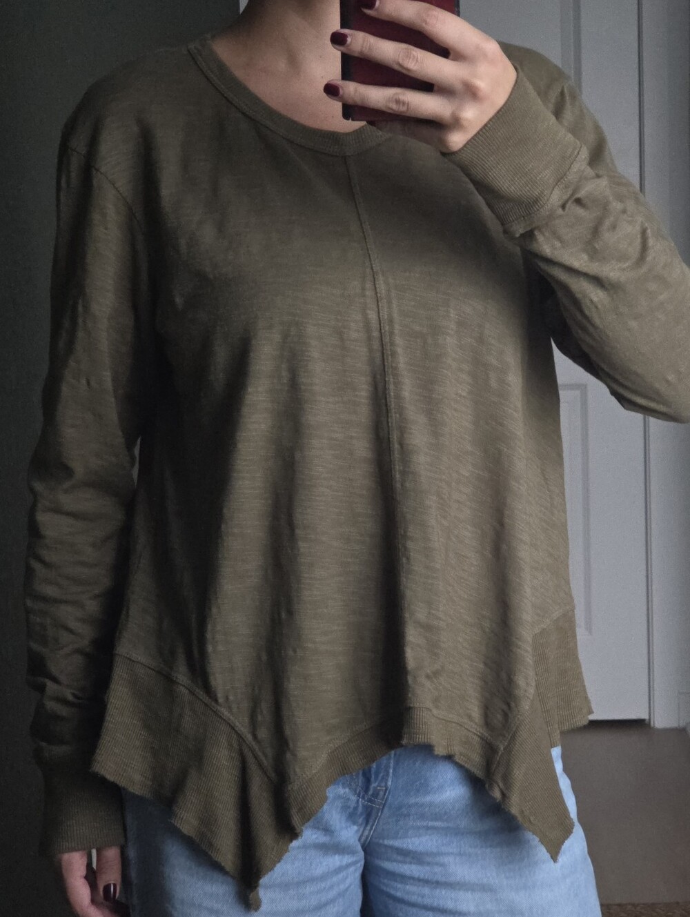 Wilt Army Green Asymmetric Hem Long Sleeve Crewneck Sweatshirt Small 100% Cotton